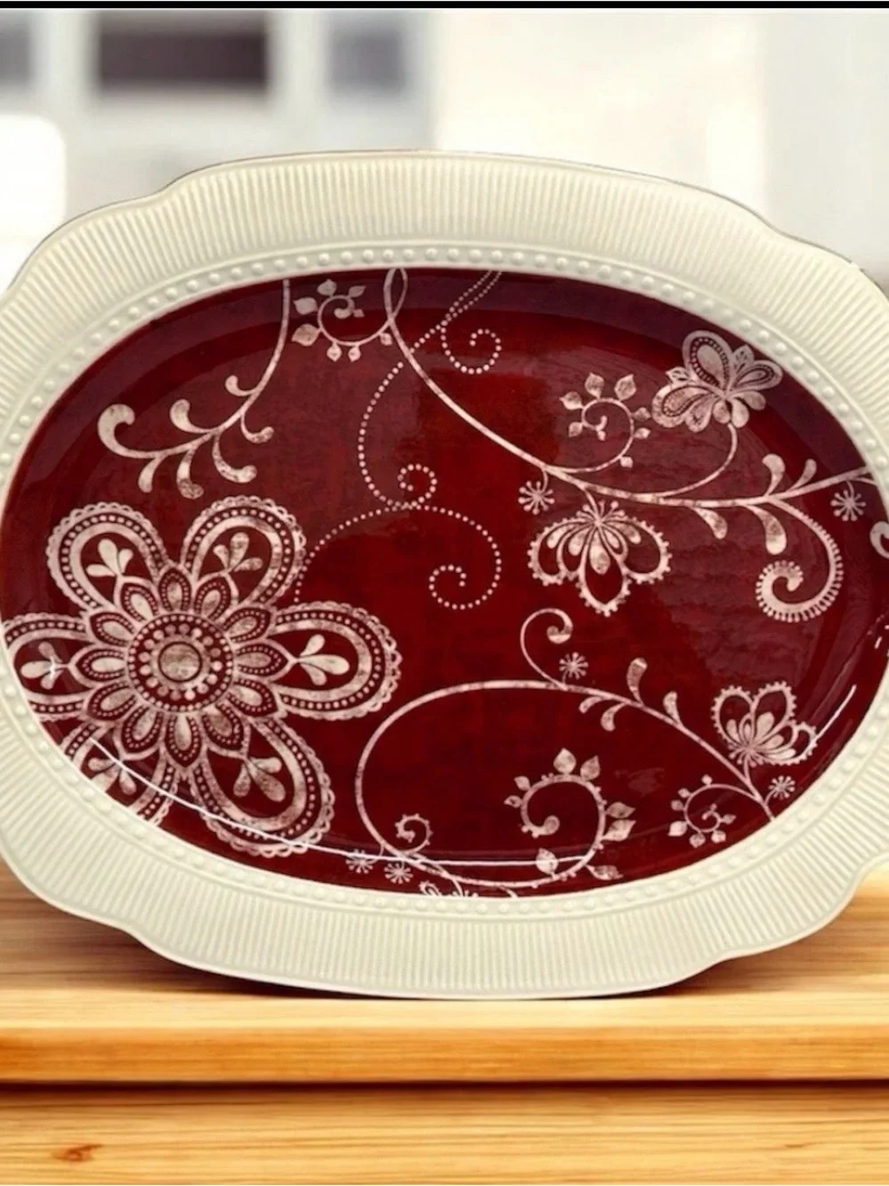 Pier 1 Imports Maribeth 18” Oval Serving Platter Burgundy Cream Ironstone